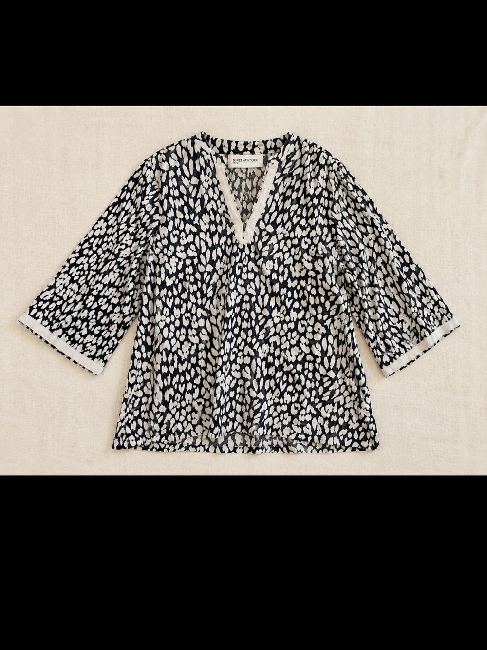 Jones New York Sport 100% Linen Animal Print Tunic Top Medium Black White